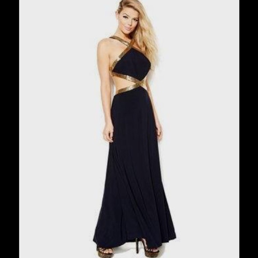 Beaded navy cutout halter dress